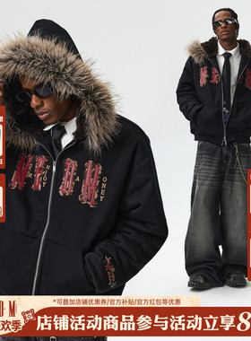MEDM 马毛贴布座山雕连帽卫衣棉服美式休闲男女保暖毛领棉衣秋冬