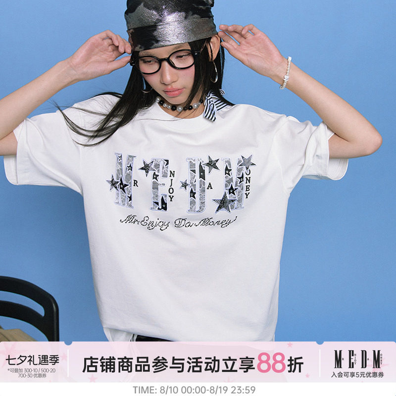 MEDM26SS星星迸发蕾丝贴布短袖男士美式嘻哈夏季T恤女休闲情侣tee