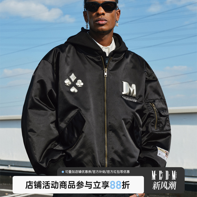 MEDM扑克牌金属标假两件MA1飞行夹克棉服男冬季美式加厚休闲外套