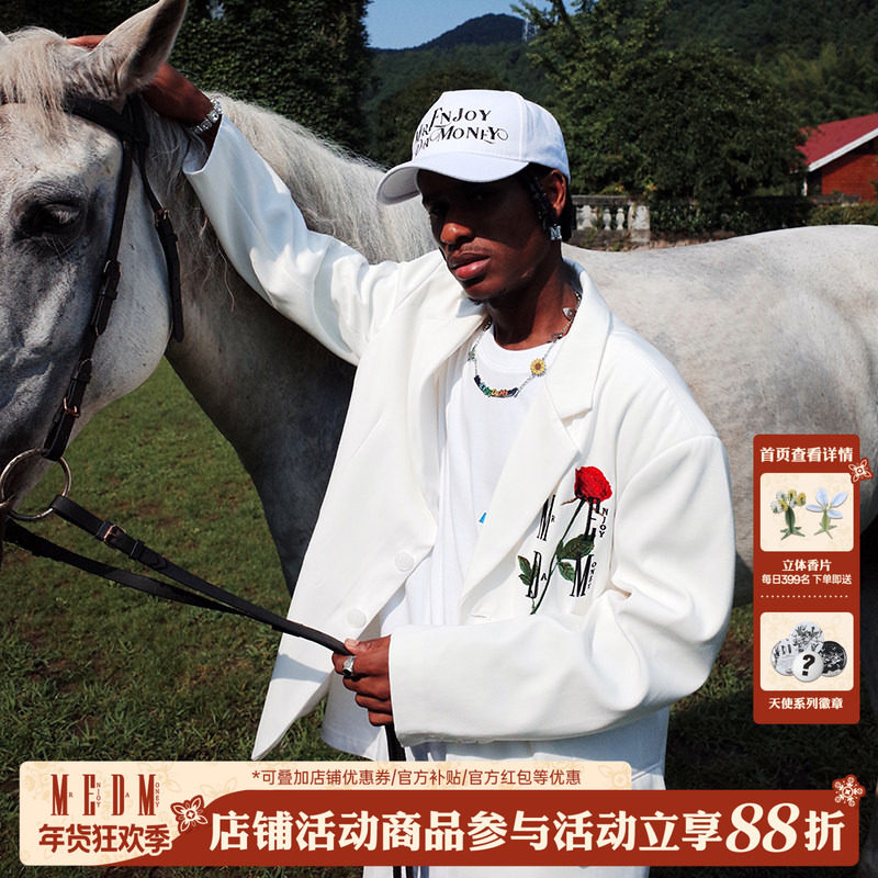 MEDM 潮牌秋季美式休闲西装外套男女情侣装玫瑰刺绣宽松西服上衣,男装,休闲西服,淘宝优惠券,粉丝福利购,淘宝优惠卷