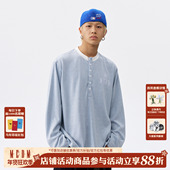 T恤春秋美式 MEDM 字母刺绣亨利领条纹休闲长袖 百搭宽松男女上衣t