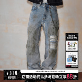 秋 潮牌街头宽松直筒破洞裤 MEDM 水洗磨破贴布民族风休闲牛仔长裤