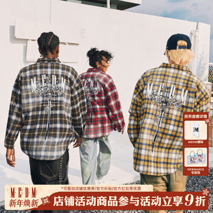 衬衣宽松休闲百搭外套潮 美式 MEDM水洗做旧玫瑰与剑格子衬衫 男秋季