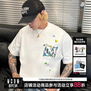 休闲高街百搭情侣半袖 潮牌ins美式 体恤 T恤男夏季 MEDM刺绣花卉短袖