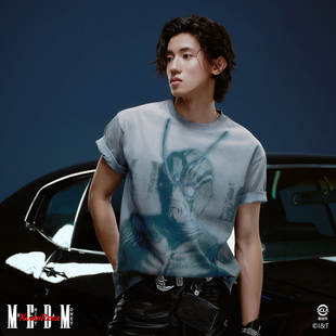 MEDMx假面骑士联名-真我水洗做旧圆领休闲短袖男款宽松灰色T恤夏