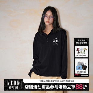 休闲情侣外套春秋 T恤美式 MEDM 黑白玫瑰花做旧磨破轻薄亨利领长袖