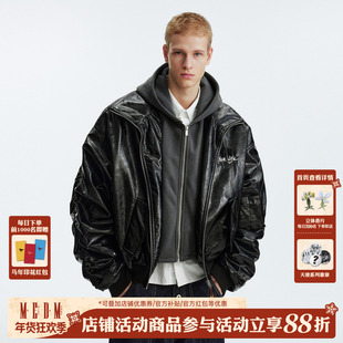 MEDM 假两件宽松连帽拉链皮夹克棉服美式男女保暖休闲棉衣外套冬