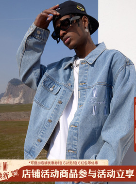 MEDM国潮刺绣牛仔外套男女短款潮牌春秋宽松街头复古情侣夹克上衣