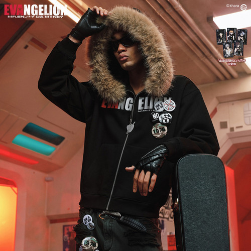 MEDMxEVA NEVER END系列人物素描风毛领拉链帽衫logo刺绣连帽卫衣