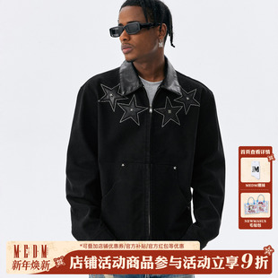 MEDM 星星铆钉贴皮烫转拼皮领底特律休闲夹克潮牌男女翻领外套秋