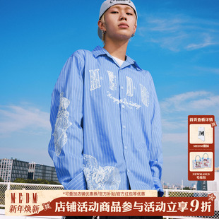 春秋宽松开衫 新品 衬衣情侣外套 翻领衬衫 MEDM潮牌条纹蕾丝休闲长袖