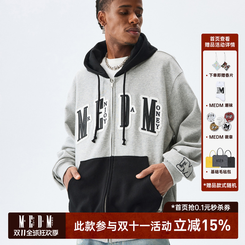 MEDM贴布拉链帽衫宽松美式卫衣