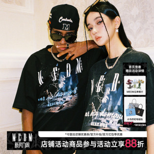 王鹤棣同款 MEDM国潮闪电短袖 上衣服 高街嘻哈宽松情侣款 T恤男夏季