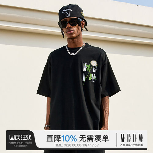 MEDM潮牌玫瑰花立体刺绣短袖