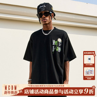 夏季 街头休闲圆领短袖 潮牌情侣宽松t恤男 玫瑰花立体刺绣美式 MEDM