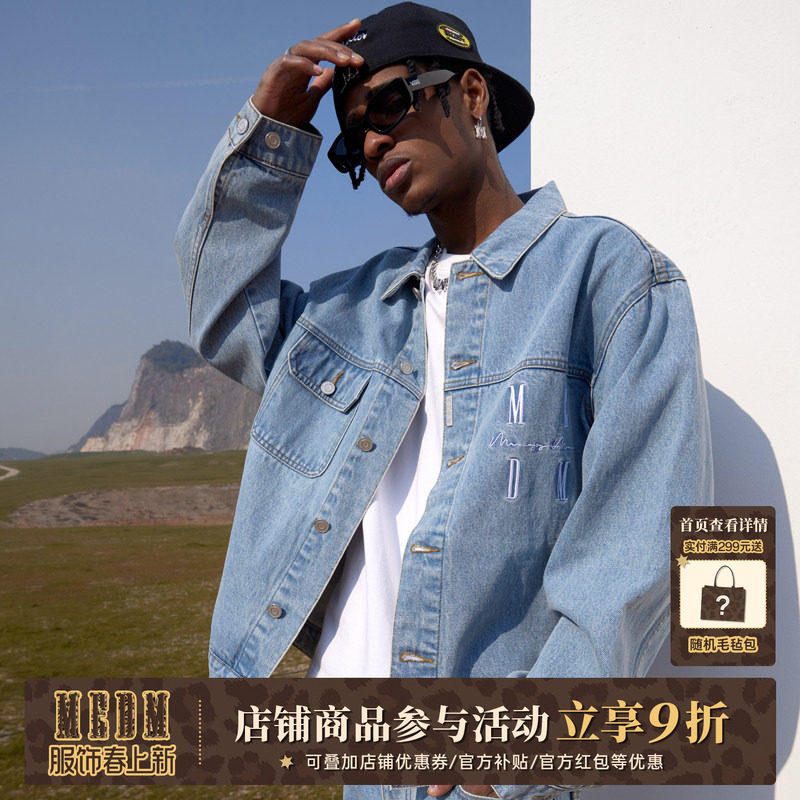 MEDM国潮刺绣牛仔外套男女短款潮牌春秋宽松街头复古情侣夹克上衣