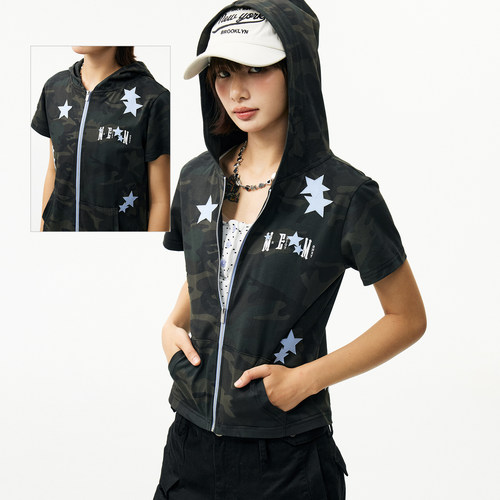 MEDM迷彩星星贴皮显瘦连帽T恤