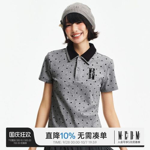 MEDM 假两件波点刺绣宽松翻领短袖夏季新款复古学院风休闲T恤女款