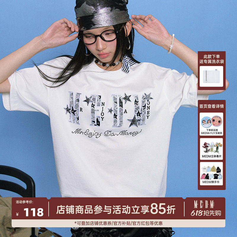 MEDM26SS星星迸发蕾丝贴布短袖男士美式嘻哈夏季T恤女休闲情侣tee