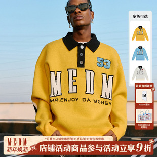 圆领套头上衣潮 女春秋情侣长袖 MEDM拼接条纹Polo毛衣男美式 针织衫