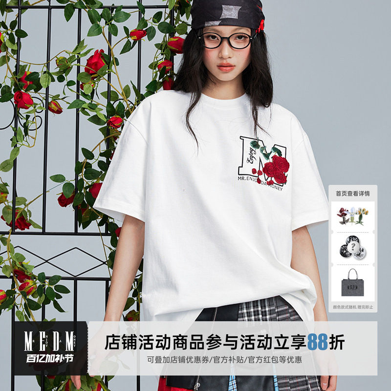 MEDM25SS大M玫瑰花卉短袖T恤男2025新款美式夏季上衣潮牌休闲体恤