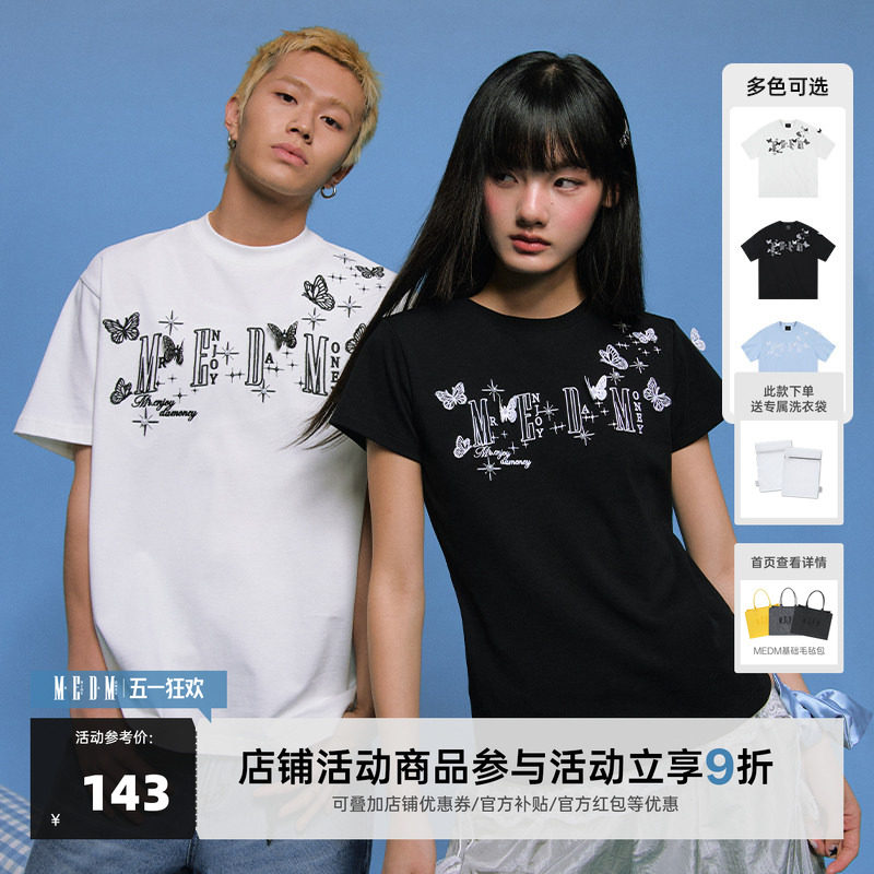 MEDM立体蕾丝蝴蝶短袖T恤男女同款情侣装夏季潮牌美式休闲体恤tee