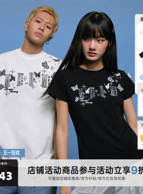 MEDM立体蕾丝蝴蝶短袖T恤男女同款情侣装夏季潮牌美式休闲体恤tee
