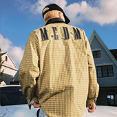 MEDM 早秋格纹复古宽松翻领情侣衬衣 pu领子格子古铜扣子休闲衬衫