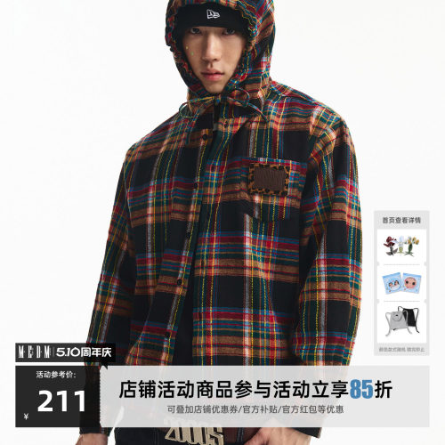 MEDM亲肤连帽格子宽松情侣衬衫