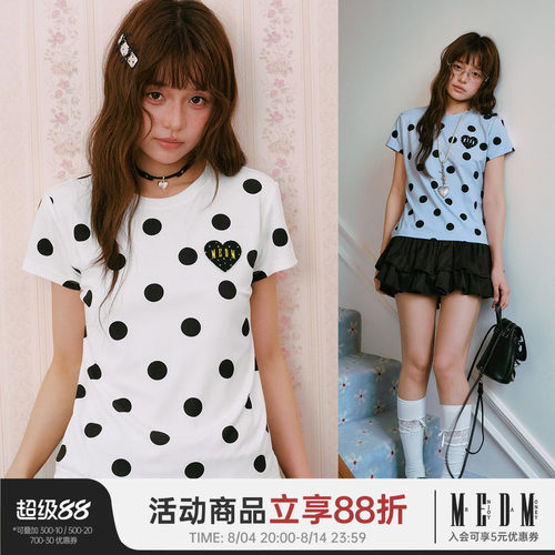 MEDM 满印复古大波点休闲圆领短袖潮流爱心牙刷绣花logo宽松T恤女