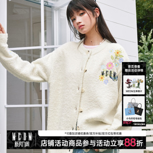 通勤宽松情侣纽扣外套秋 毛衣新品 MEDM 刺绣花卉藤蔓图案休闲开衫