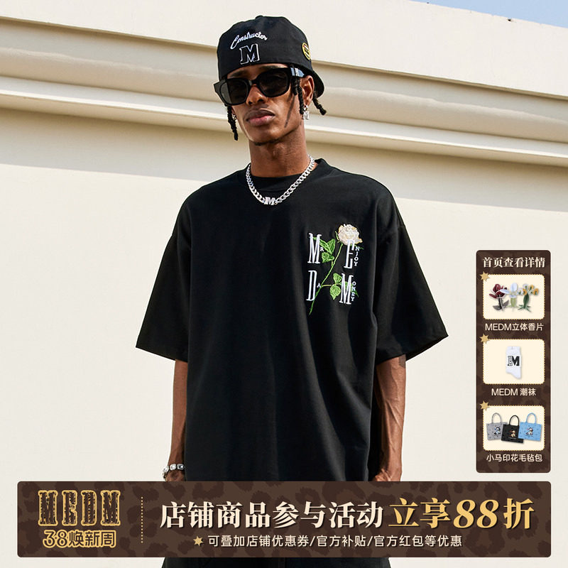 MEDM 玫瑰花立体刺绣美式街头休闲圆领短袖夏季潮牌情侣宽松t恤男