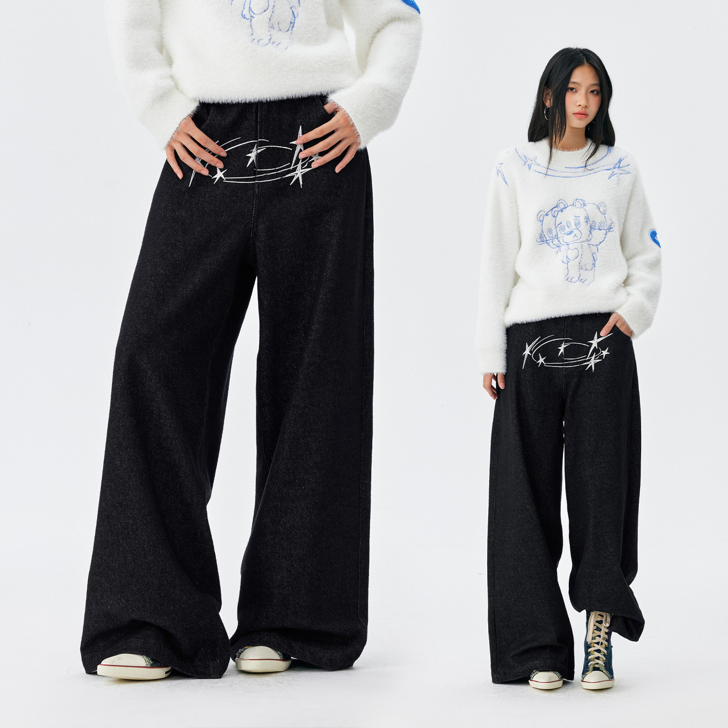 MEDM 眩晕小熊系列原牛刺绣宽松牛仔长裤美式街头男女休闲直筒裤