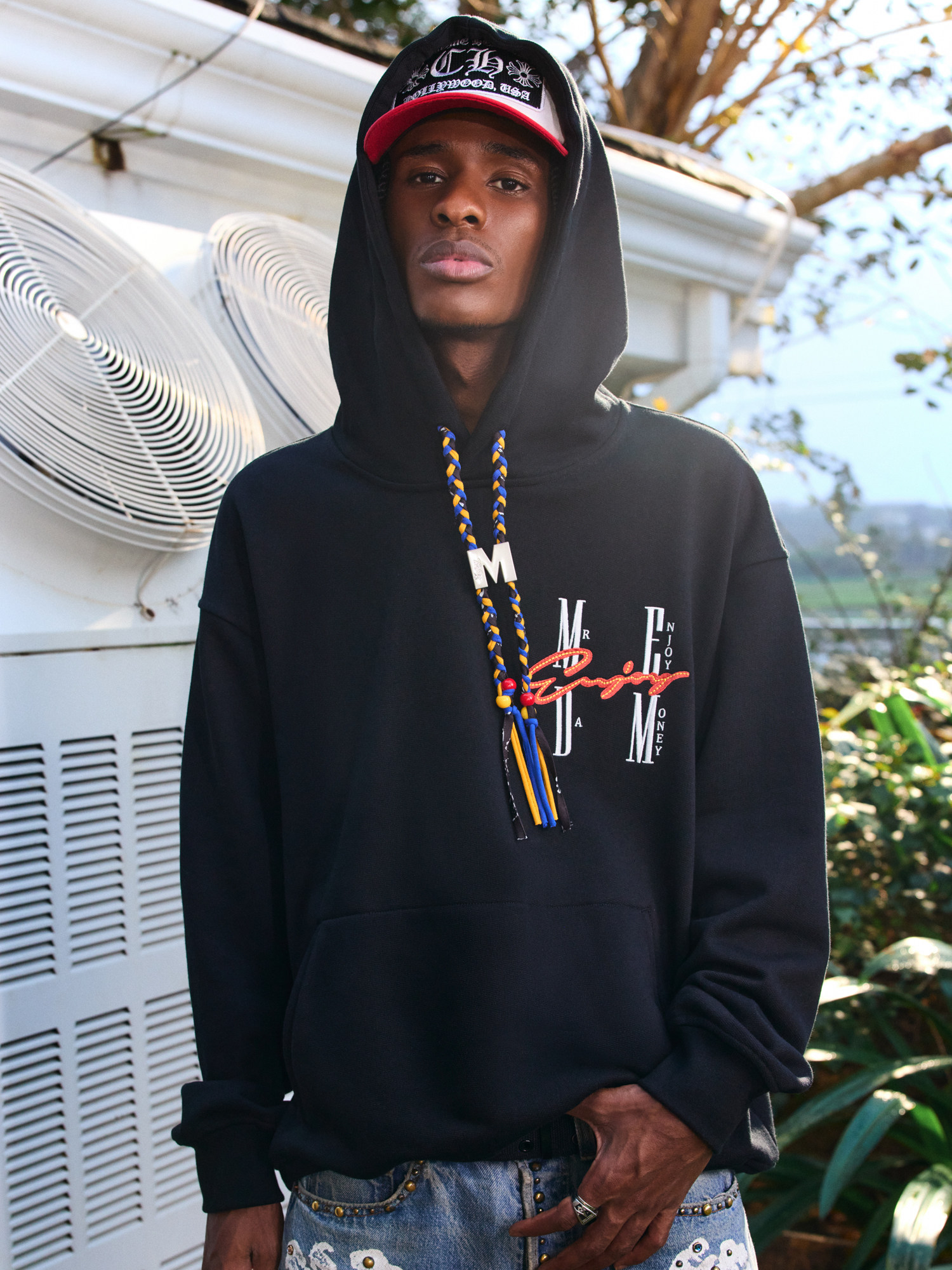 남성과 여성을 위한 MEDM 캐슈 꽃 드로스트링 후드 티셔츠 가을 미국 패션 브랜드 와이드 캐주얼 루즈 까마귀 탑 의류