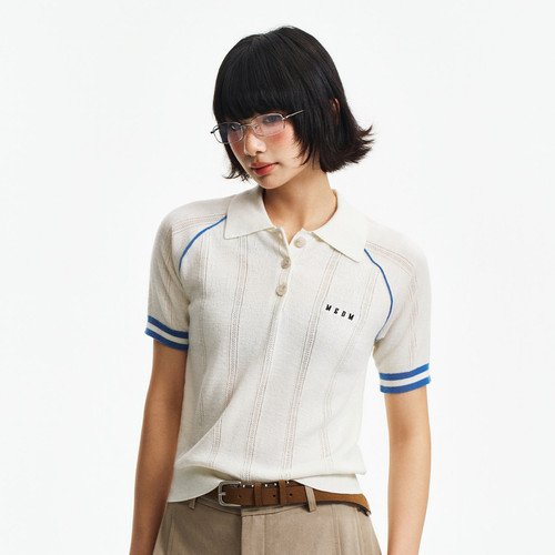 MEDM 绣花小Logo撞色嵌条polo领短袖女简约百搭休闲宽松圆领T恤夏