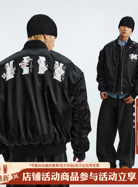 MEDM 黑色拼皮宝珠MA1休闲棒球领夹克秋冬季美式潮流男女拉链外套