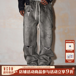 街头多口袋宽松长裤 秋冬美式 男 水洗擦色磨破M扣子休闲牛仔裤 MEDM