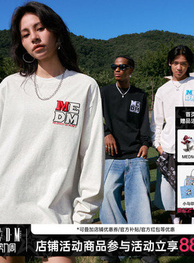 MEDM徽章刺绣字母基础长袖T恤春秋圆领宽松春秋季百搭情侣潮流tee