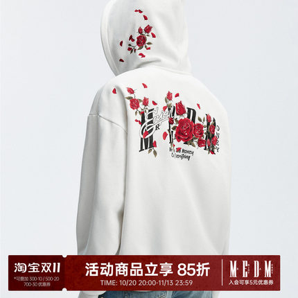 MEDM 玫瑰刺绣休闲拉链帽衫美式加绒宽松情侣连帽卫衣开衫外套秋