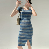 条纹针织裙子夏款 孕妇连衣裙夏装 洋气开叉修身 时尚 高级设计感夏季