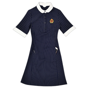 2023夏季新款条纹连衣裙幼儿园教师面试工作服女酒店短袖职业工装