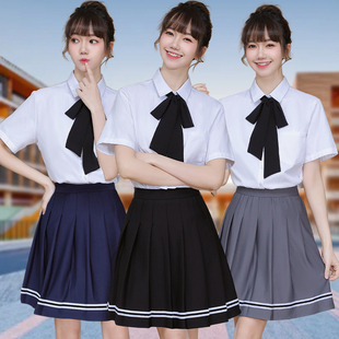职业短袖衬衫百褶裙套装夏季班服校服方领开衫蝴蝶结短裙两件套