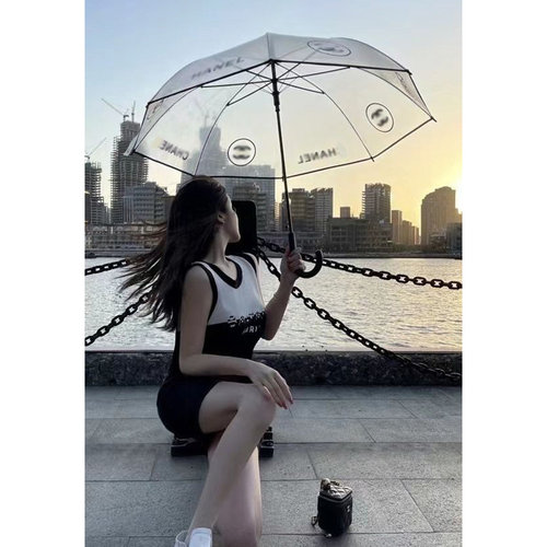 小香风透明CC抗风8骨长柄伞雨伞