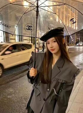 透明雨伞女生拍照高颜值网红小香风双C长柄伞直柄自动广告伞定制