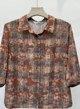 Q35084中老年妈妈夏装衬衫新款女装小衫印花大码上衣福太太格子衫