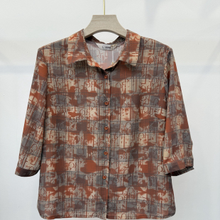 Q35084中老年妈妈夏装衬衫新款女装小衫印花大码上衣福太太格子衫