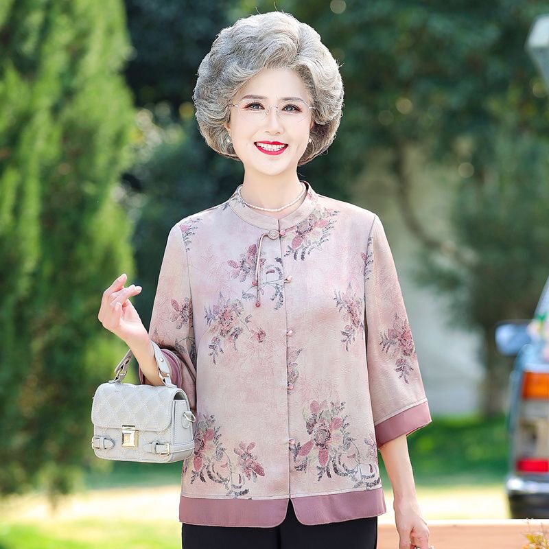 中老年女妈妈夏装香云纱上以真丝衬衫中袖绸缎小衫Q35058秋之歌