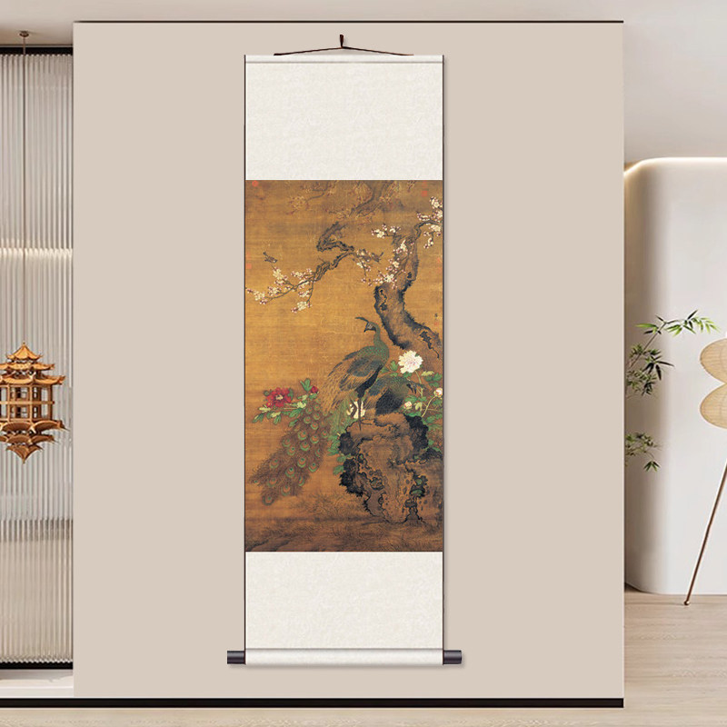 明 吕纪 杏花孔雀玄关装饰画新中式挂画卷轴丝绸画客厅走廊过道