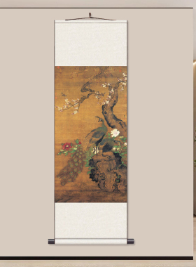 明 吕纪 杏花孔雀玄关装饰画新中式挂画卷轴丝绸画客厅走廊过道