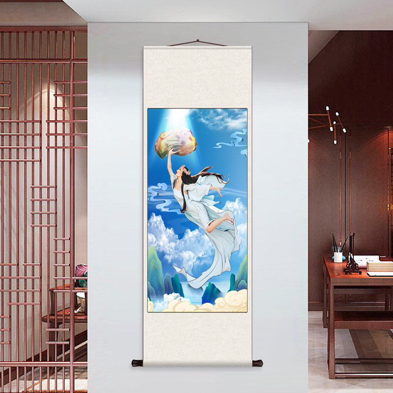 女娲补天 画丝绸画卷轴画成品挂画无框绢布新中式人物图案丝绢画